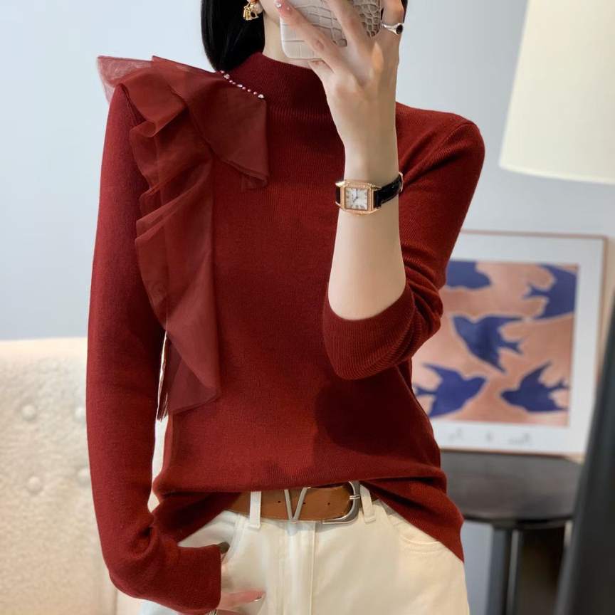 兰兰家网红肩膀带花女装针织衫针织秋冬毛针织衫厚款韩版长袖女