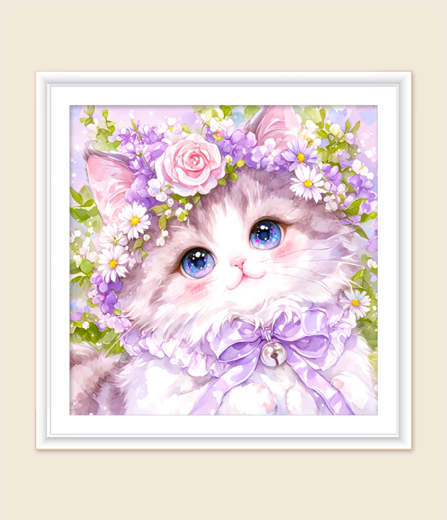 新疆长绒棉布，紫色花环猫咪60*60十字绣大格（精准印花）