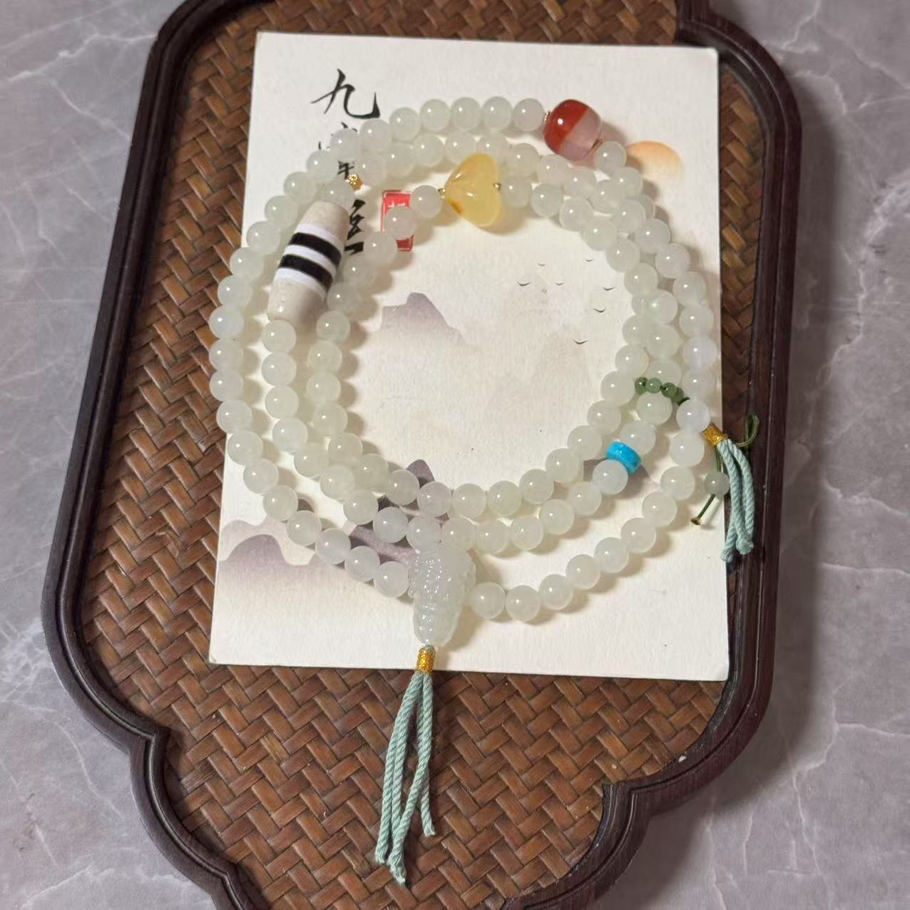 （满全）天然高晴白和田玉多圈手串18k金配饰—多样性发其一7mm+