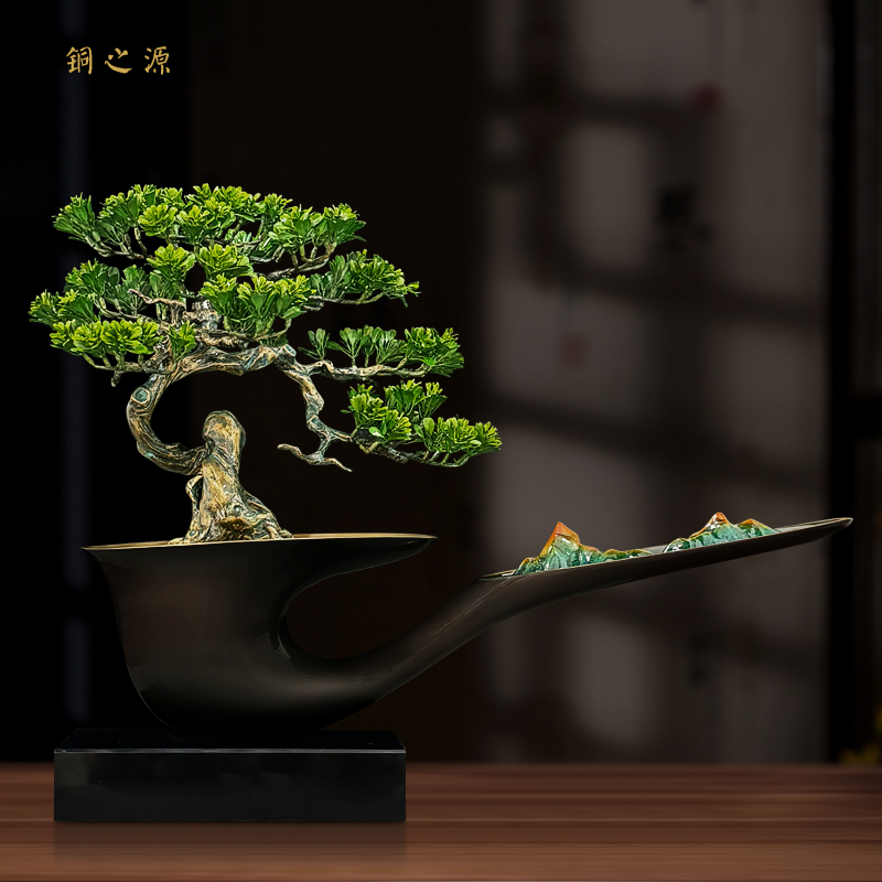 全铜烟岚云岫罗汉松摆件新中式客厅电视柜书房送礼装饰品工艺品