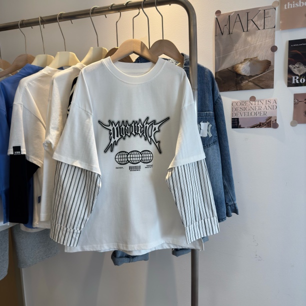 男童春季新款白色长袖T恤衫宽松时尚圆领纯棉印花休闲拼接假两件