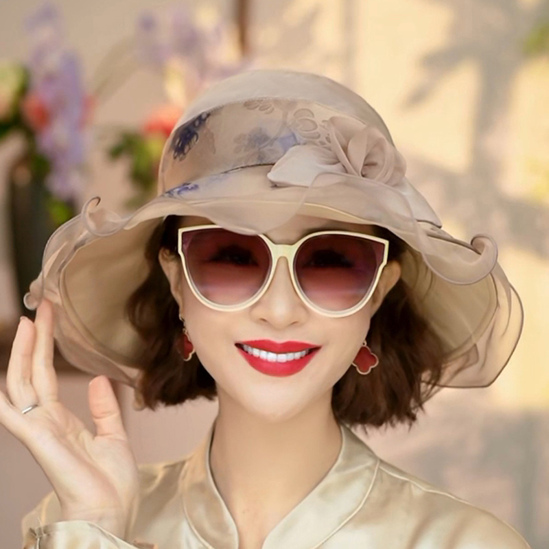 真丝桑蚕丝大檐太阳帽旅游帽子防晒遮阳帽女士透气渔夫帽0729