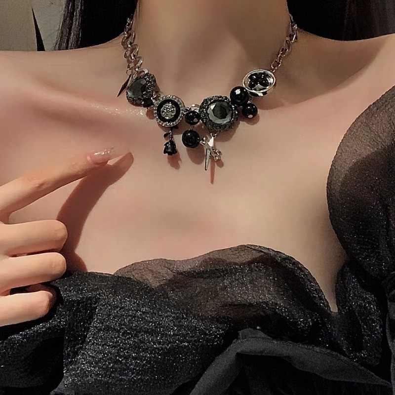 合金合成锆石项链 X0283甜酷暗黑纽扣星星玫瑰锁骨链重工辣妹亚文