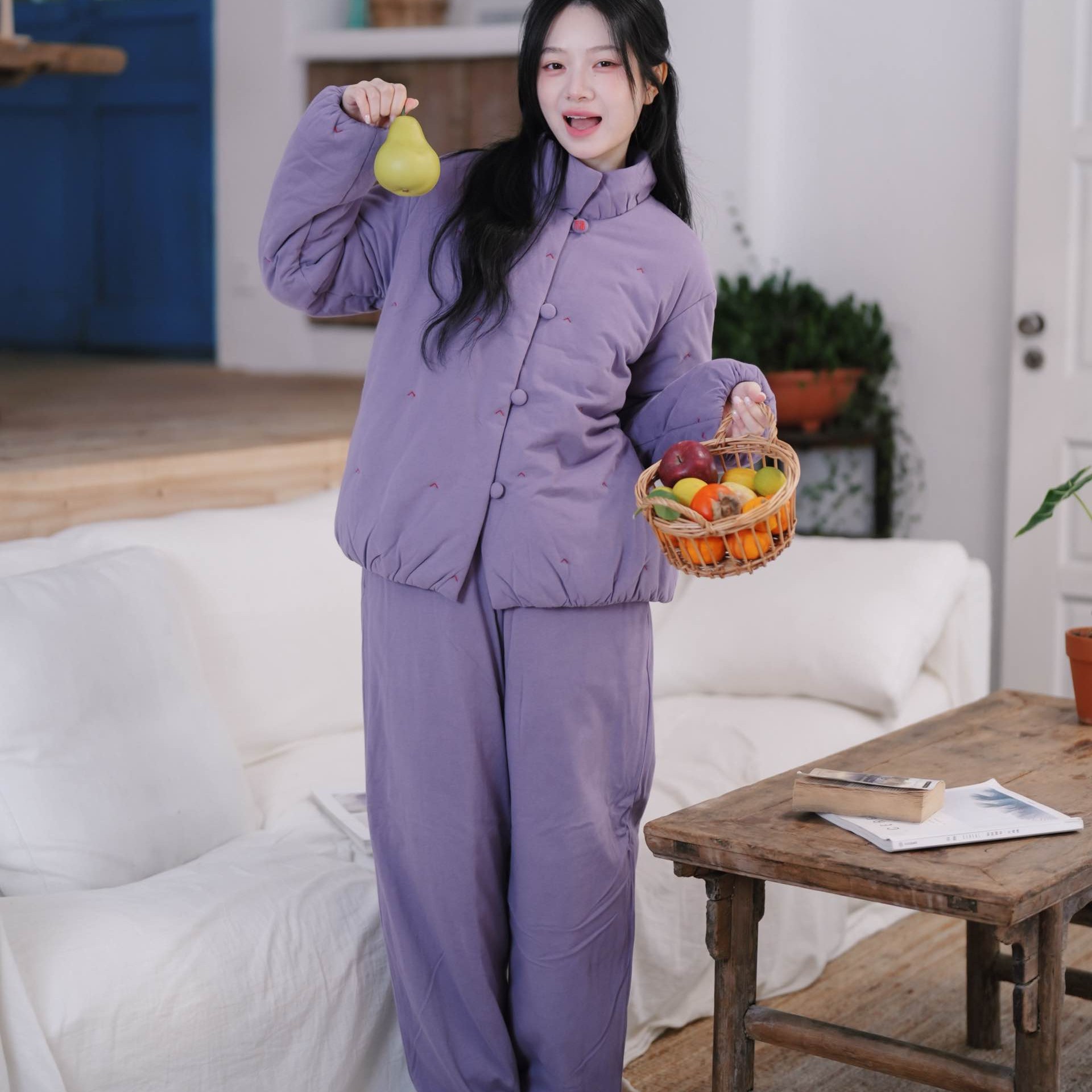 【志花专属】朵朵可可252-033紫色女冬立领厚夹棉保暖睡衣套装