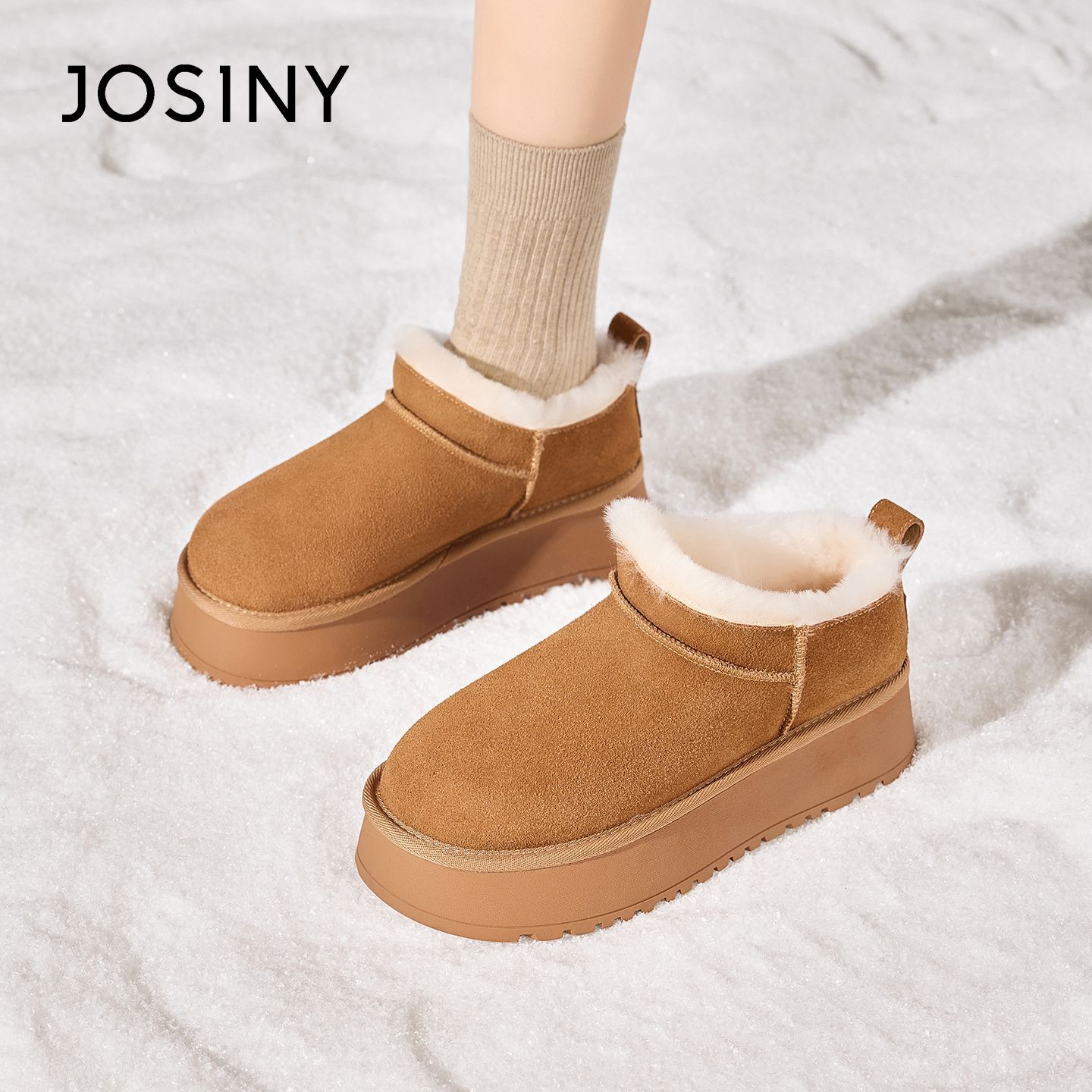 卓诗尼真皮雪地靴女款2025新款冬季加绒加厚保暖棉鞋小个子毛毛鞋