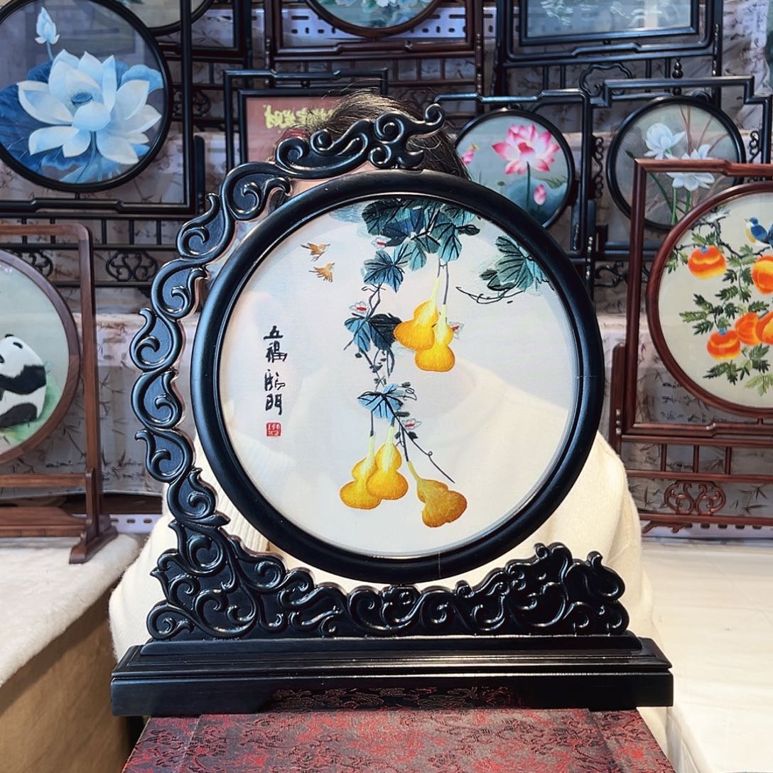 织绣苏绣摆台檀木手工双面