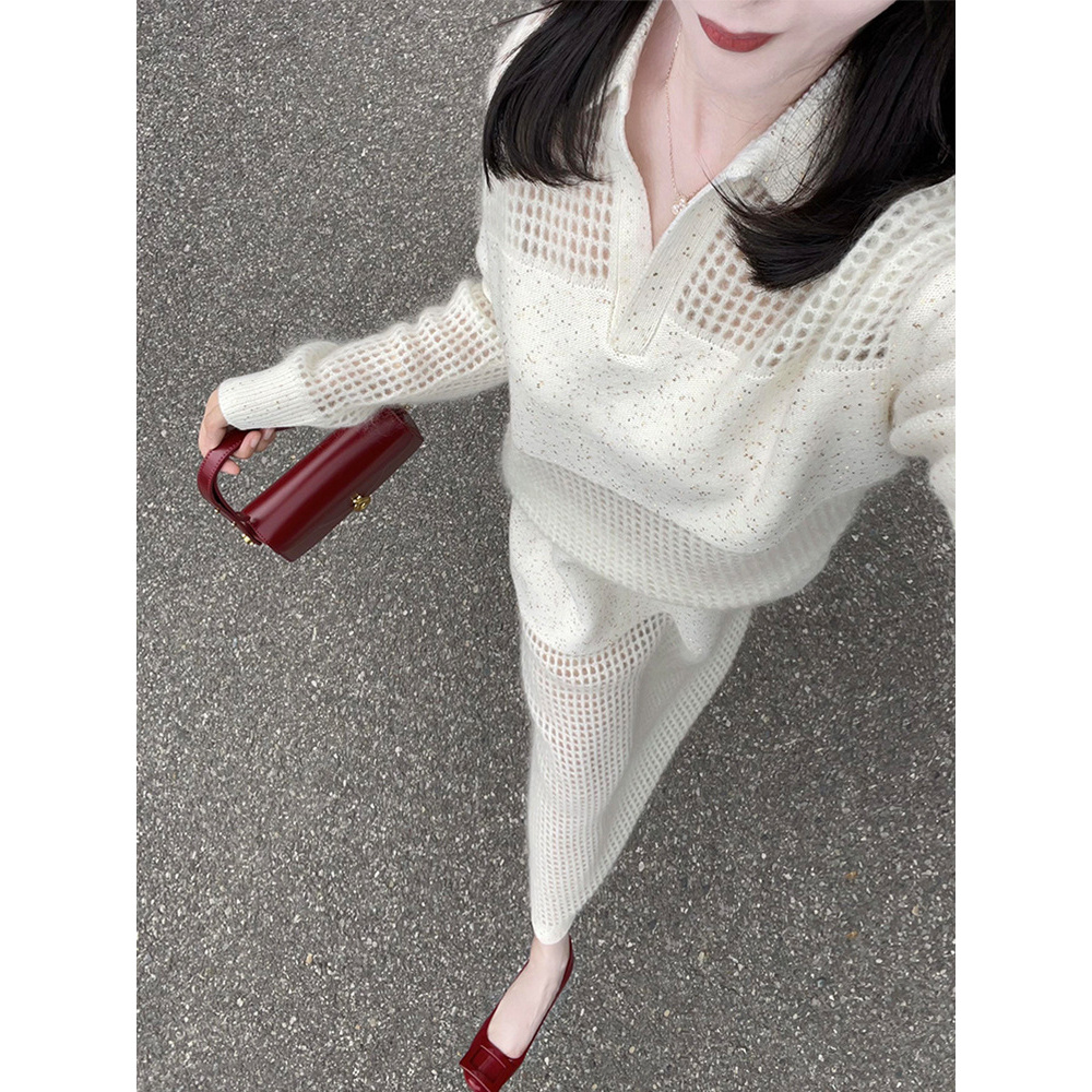 舒芙蕾轻法风秋冬季穿搭一整套高级感白色针织连衣裙女装2025新款