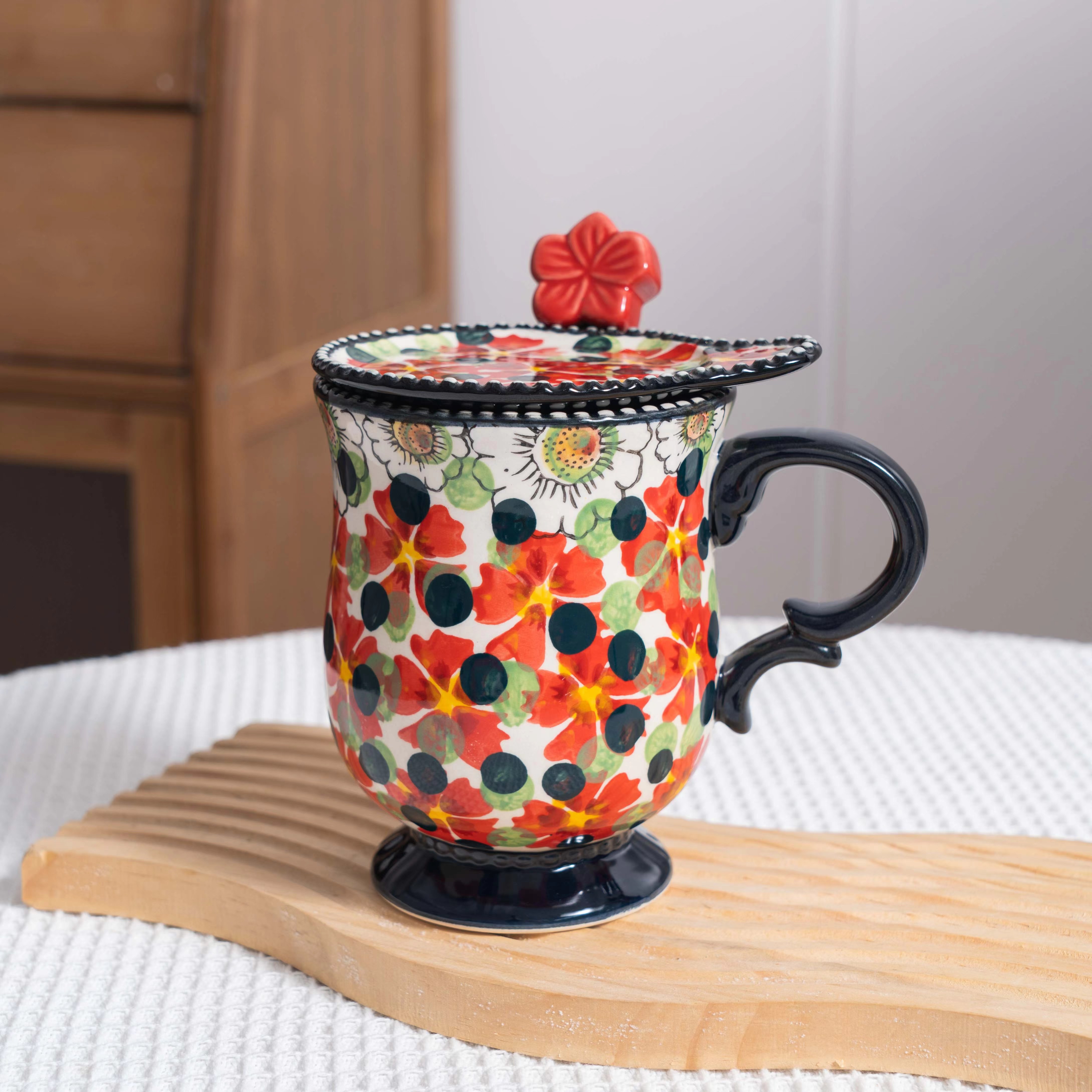 不带图片勺子 清仓福利【红色海洋花 】手绘陶瓷马克杯轻奢带盖水杯