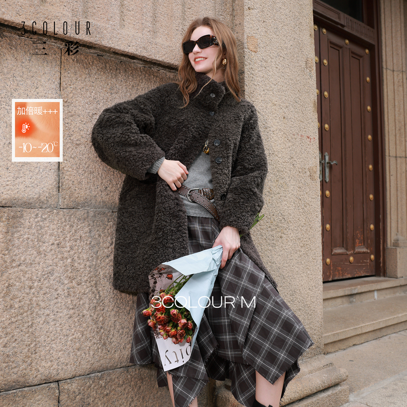 人造皮草 三彩2025冬季新款环保皮草立领宽松中长极简风M