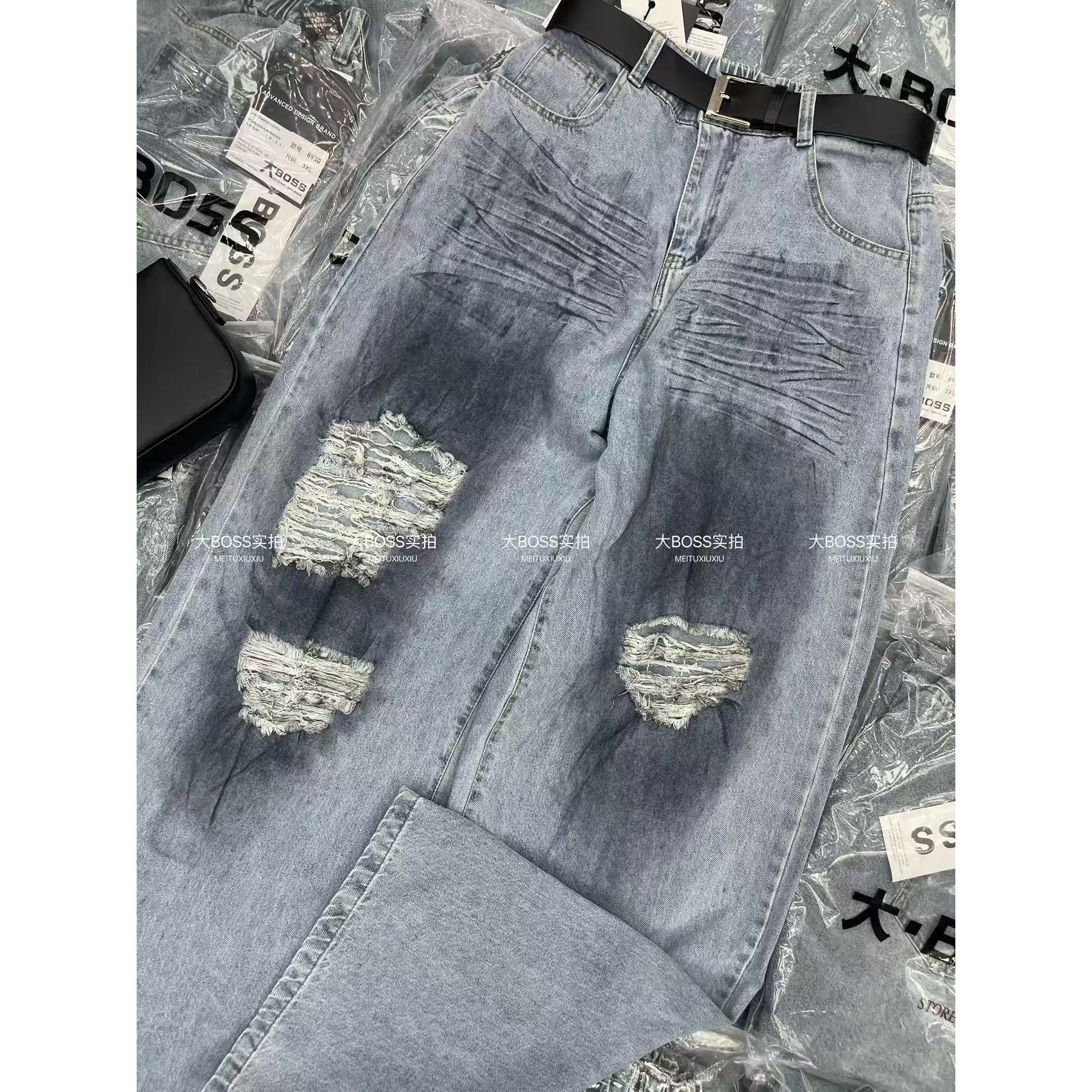 王美丽专享大码欧货显瘦修腿暗影破洞牛仔裤8931