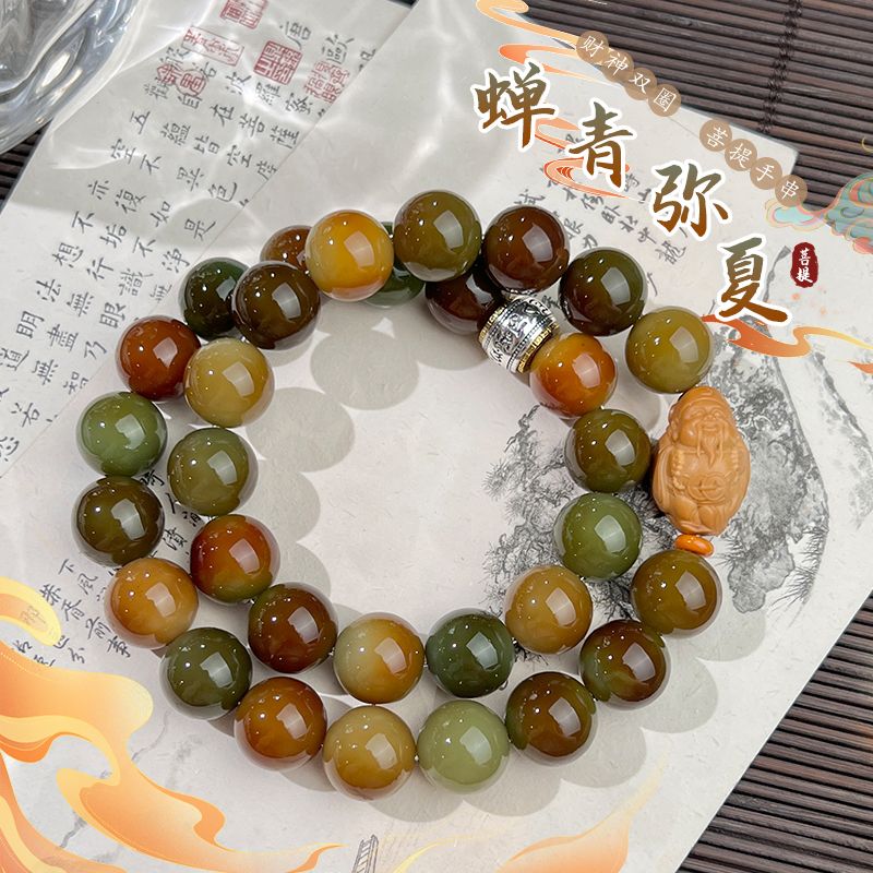 敦煌绿色双圈手工干磨精工高亮古风圆珠菩提根手串盘玩小众