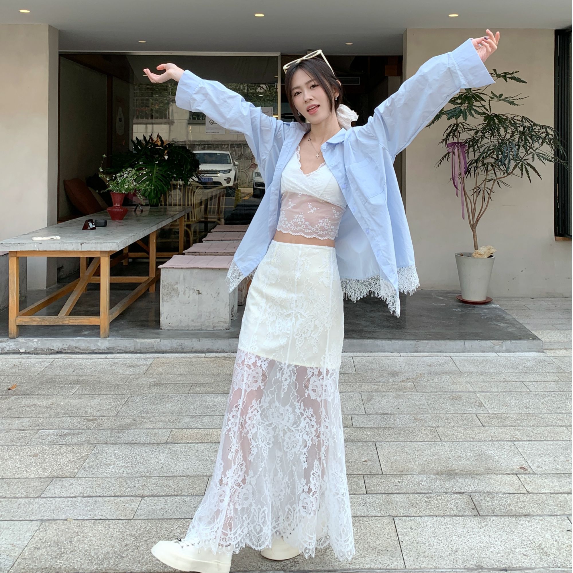 冰岛慕斯吊带短袖宽松百搭蕾丝衬衫/显瘦长款蕾丝半身裙