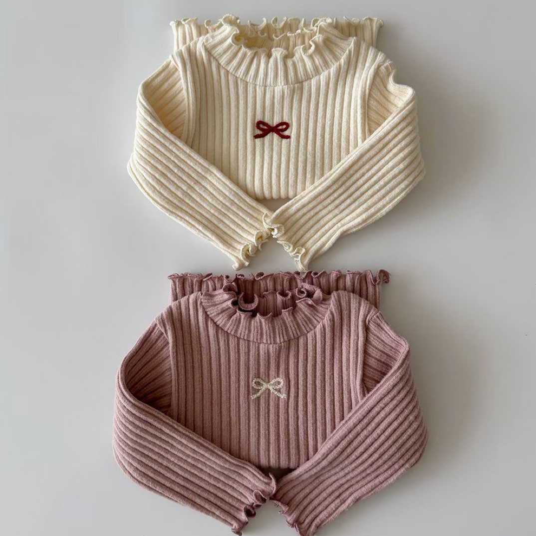 韩国星宝家25冬棉软可爱蝴蝶结木耳针织打底T恤