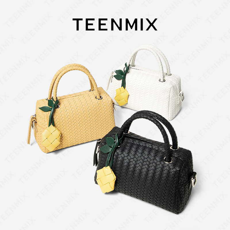 天美意2025夏季新款压纹编织波士顿枕头休闲百搭手提单肩斜挎女包