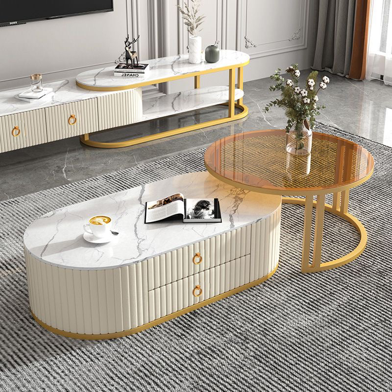 实木绗绣北欧岩板茶几现代简约大小户型圆茶几带抽屉轻奢奶油风