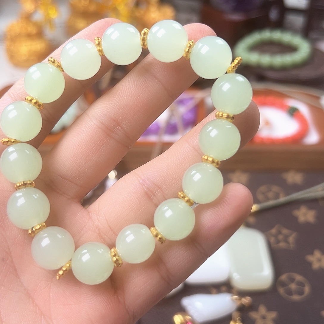 石英石铜合金湖水绿手串