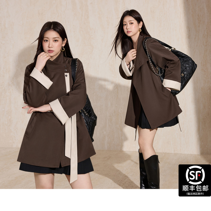 蓝语大码女装琥珀流光风立领中长款风衣外套宽松显瘦高级感大衣