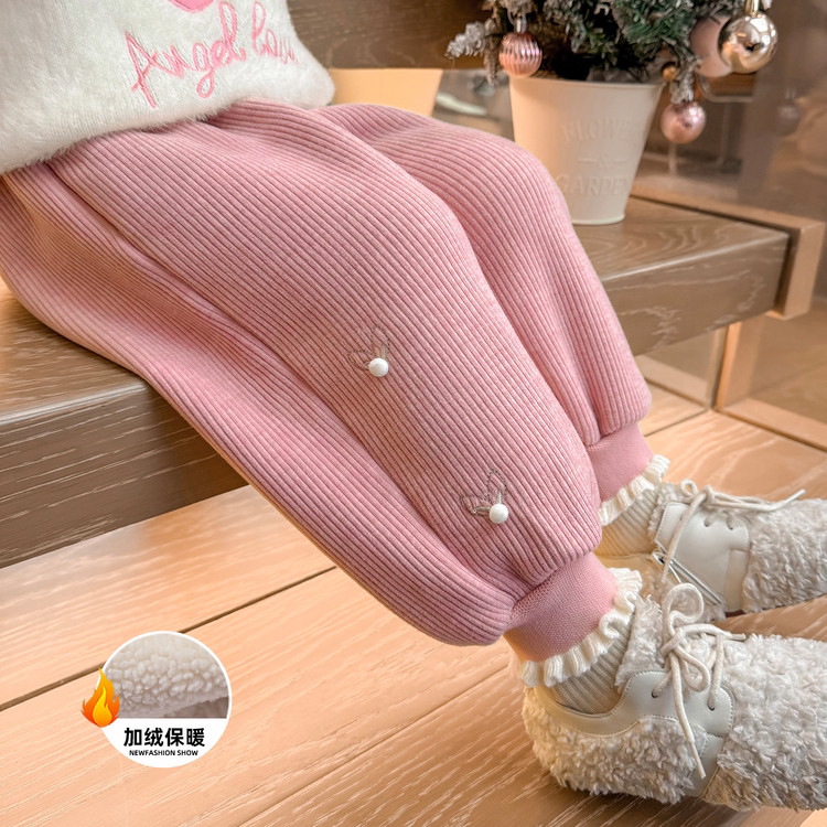 女童加绒卫裤洋气儿童秋冬装新款女宝宝加厚一体绒束脚休闲裤子潮