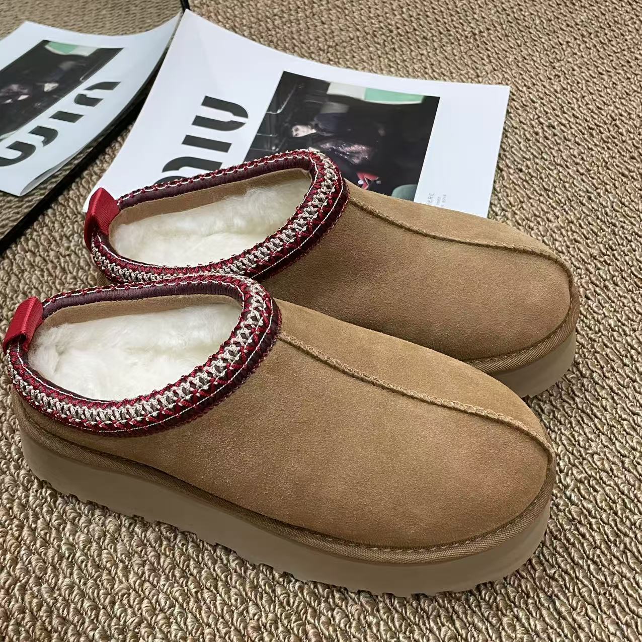 桑坡【民族风】羊皮毛一体浅口雪地靴一脚蹬真皮真毛厚底保暖冬季