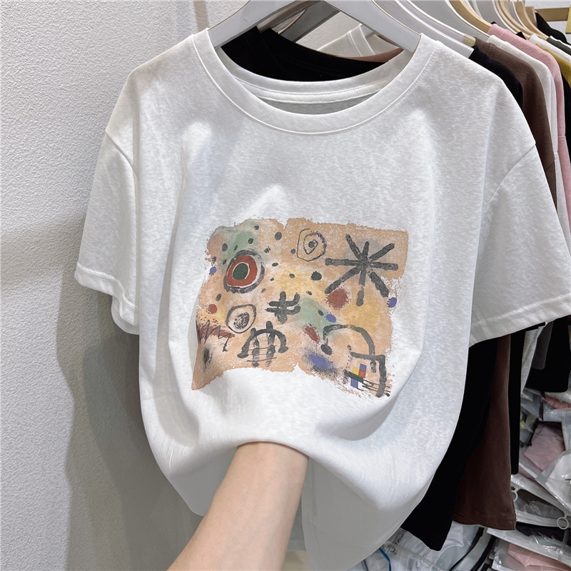 胖mm设计感大码雪花棉短袖女t恤夏季新款印花水洗工艺上衣200