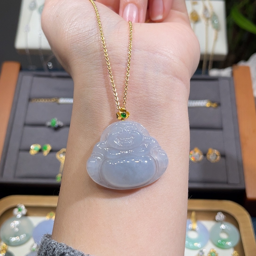 翡翠吊坠(不含链)18K金镶嵌佛公