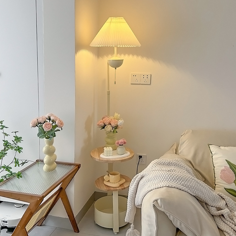 奶油风边几落地灯立式客厅沙发置物灯卧室床头柜一体台灯无线充电