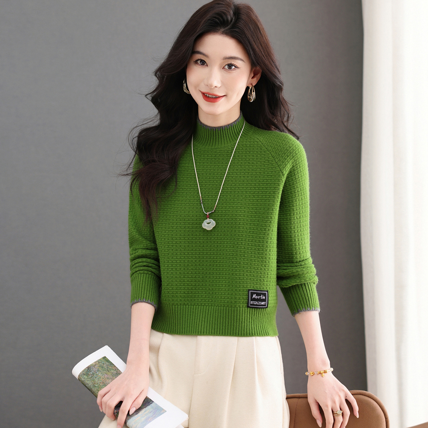 半高领拼色针织打底衫女士宽松显瘦毛衣秋冬季2025新款短款厚内搭