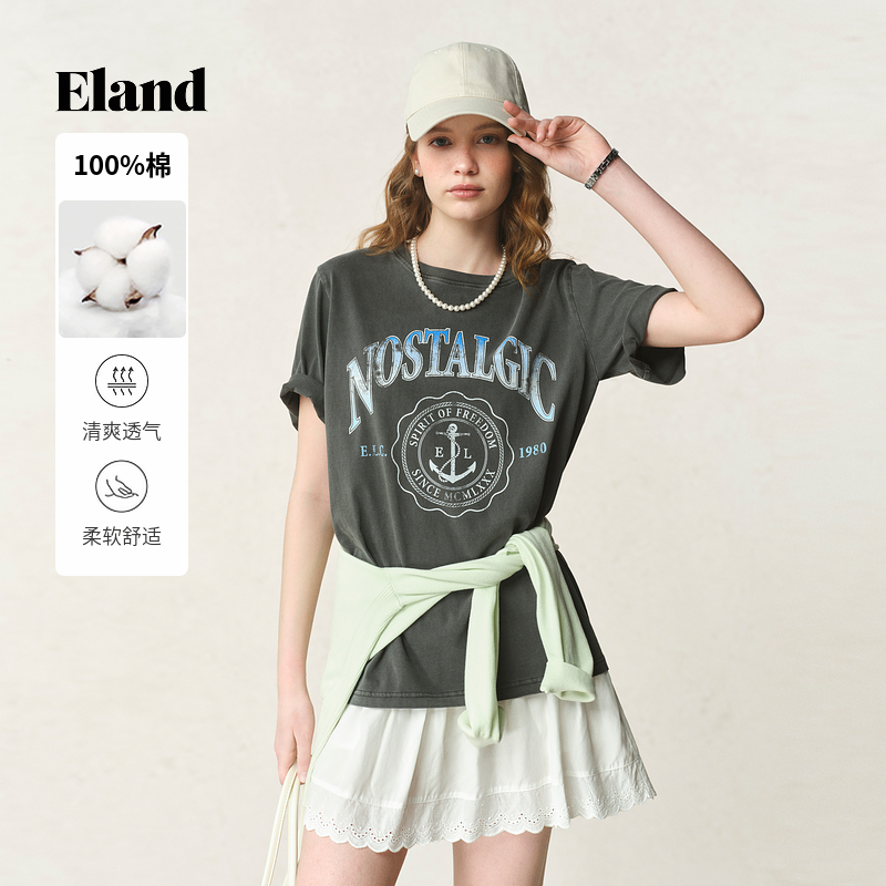 【100%棉】Eland衣恋学院风女士印花宽松短袖日常休闲风EERAF25B02