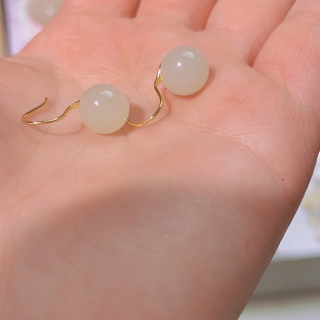 和田玉耳饰银S925镀金镶嵌