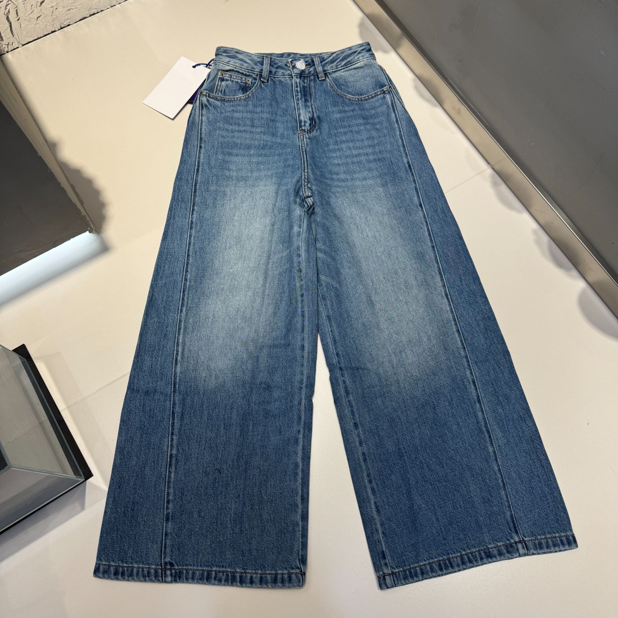 百搭男友风牛仔裤蓝色做旧长裤宽松高腰时尚微弹力休闲弯刀裤