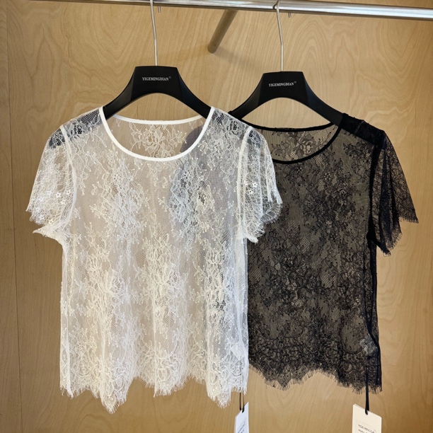 JJ私服 夏款黑白两色 透视短款蕾丝罩衫打底衫时尚百搭夏季半袖