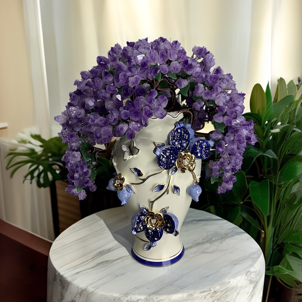 【轻奢高品】特大颗粒石榴花瓶紫水晶好事成双摆件家居客厅装饰品