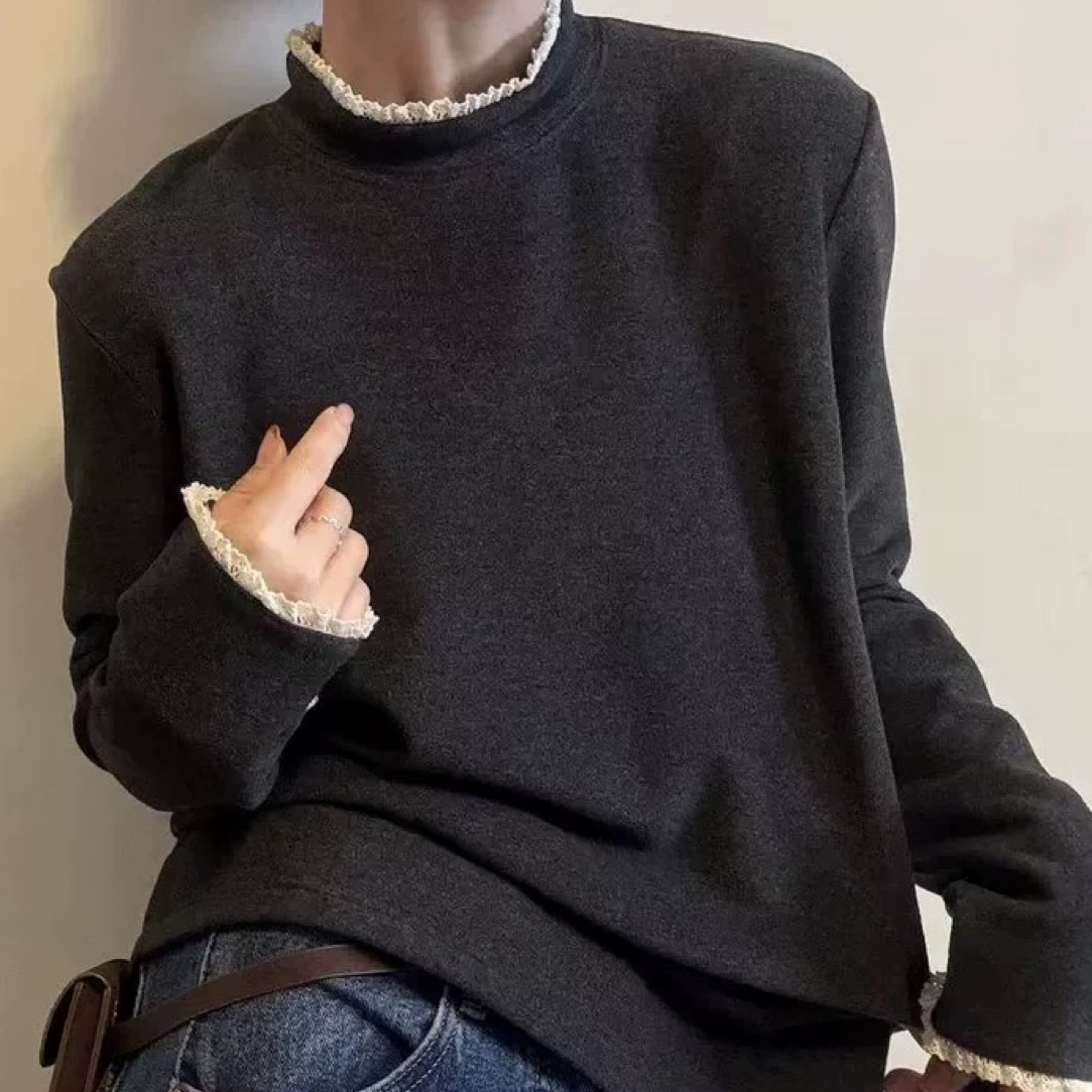 双面德绒加厚冬季打底衫 小香风半高领女2025新款冬季花边拼接上