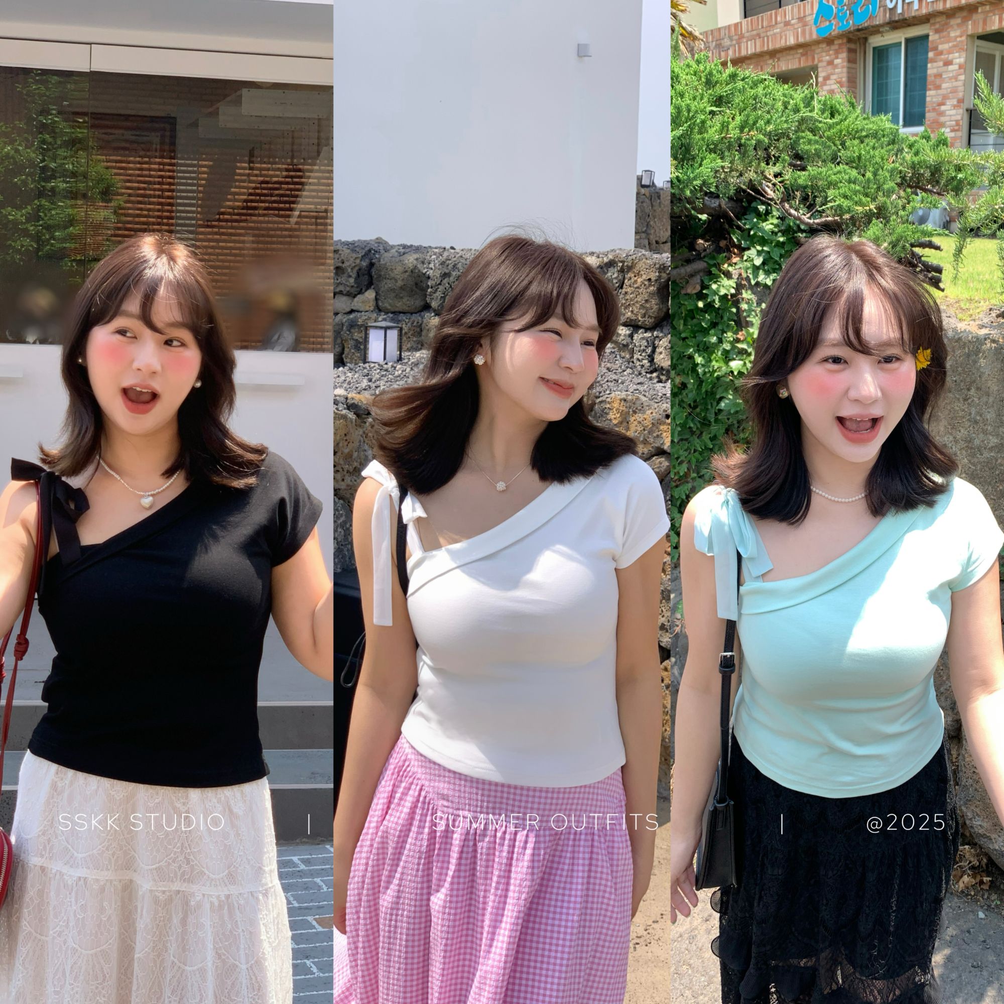 KMZY/KMZY山_山【青柠夏日】微胖韩版女装斜肩吊带设计时髦短袖T恤