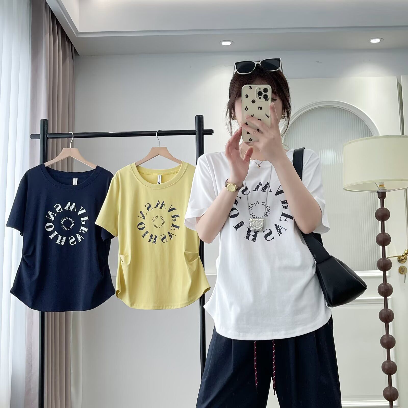 大码夏季新款胖m设计感时尚收腰显瘦短袖T恤女夏正肩上衣百搭遮肚