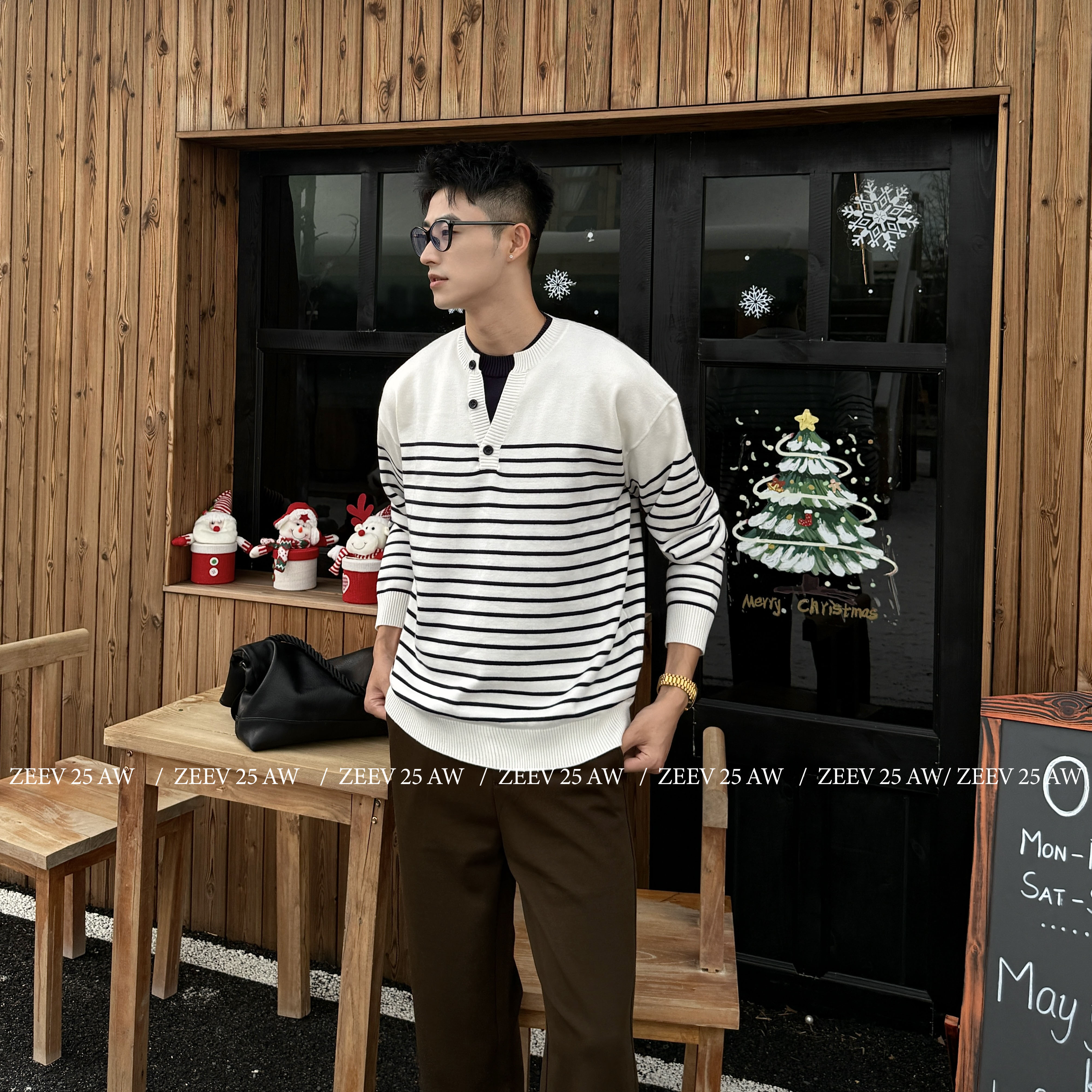 ZEEV【海岸阳光】经典撞色假两件亨利领宽松休闲针织毛衣