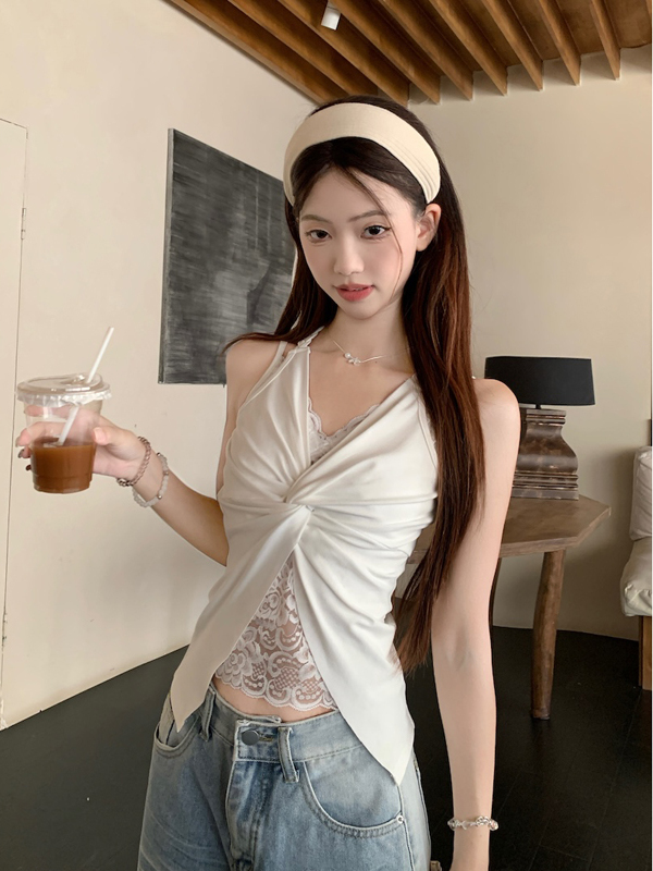 纯欲性感V领扭结吊带背心女外穿夏季新款辣妹挂脖修身设计感上衣