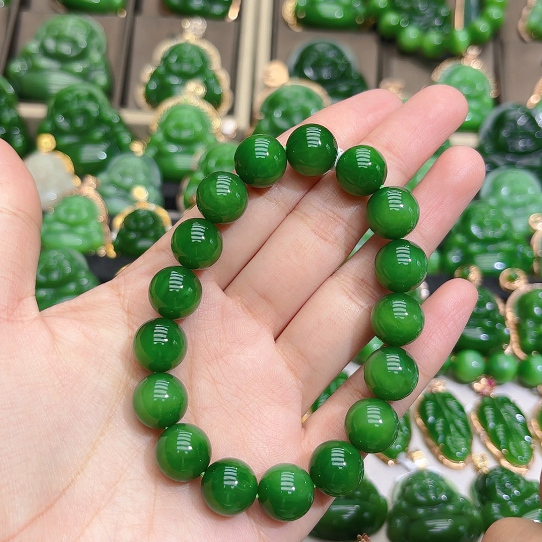 和田玉（碧玉）手串未镶嵌12m阳绿单圈