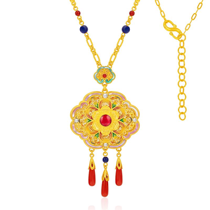 福满圆珠宝3 足金999投资金 古法螺钿白月光锁包套链