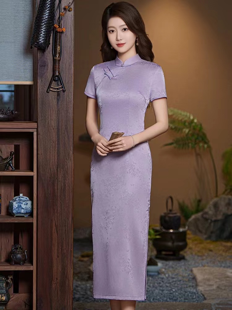 575-紫色 年轻 暗竹 改良 款 旗袍 