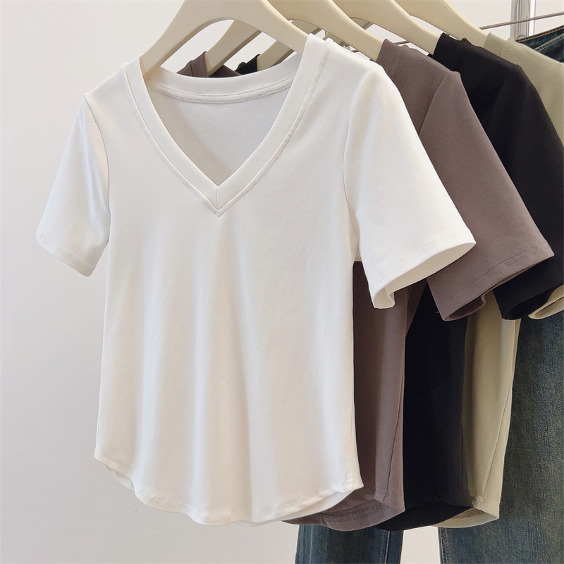 S大码v领显瘦上衣夏季短袖女装高级感慵懒风百搭基础款正肩t恤