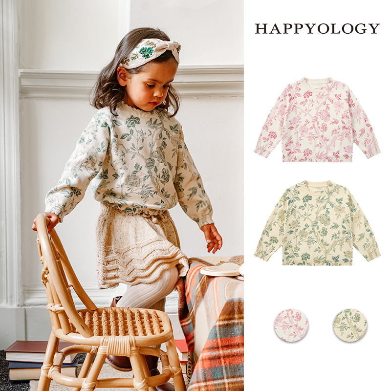 Happyology英国秋冬装新款上衣女童针织衫印花满印童装长袖毛衣