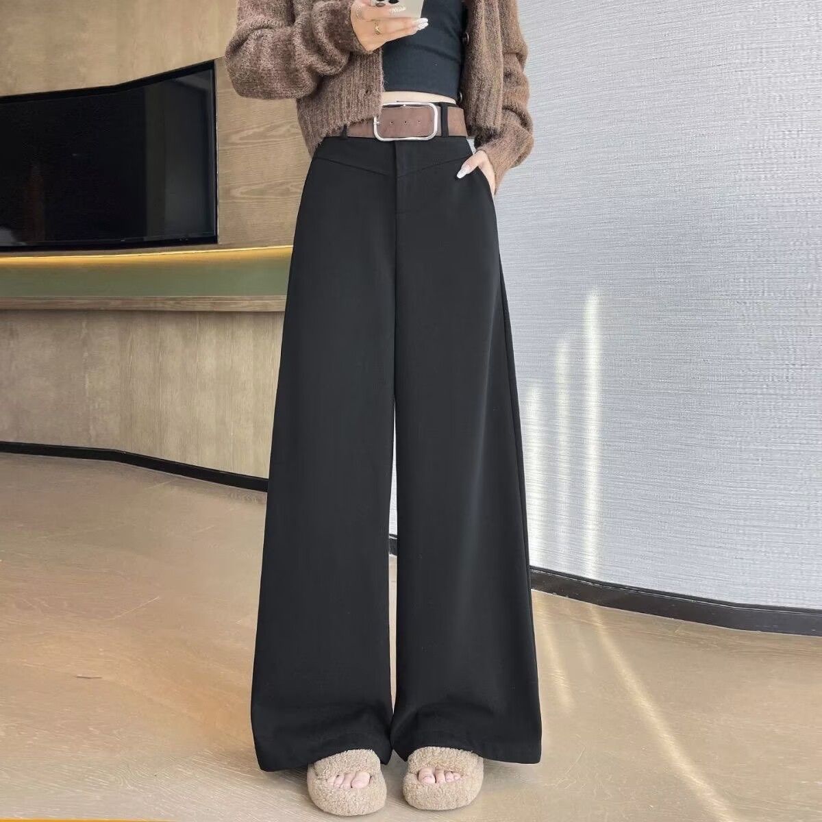 美拉德咖色毛呢垂感高腰阔腿裤女秋冬季宽松休闲拖地裤