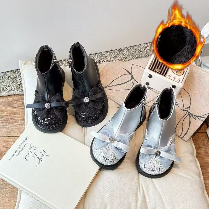 女童加绒皮靴秋冬儿童亮片蝴蝶结短靴女孩二棉保暖时装靴5313