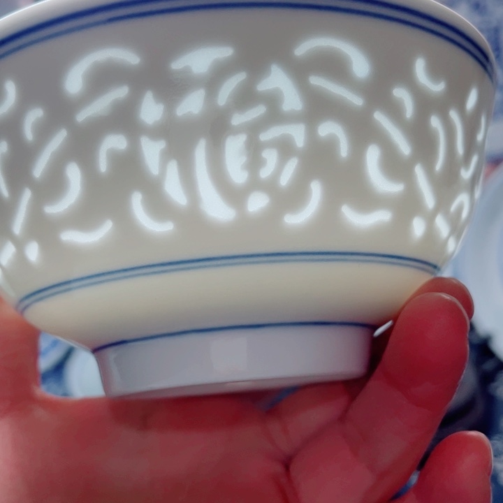 青花玲珑5寸饭碗满雕双福双线