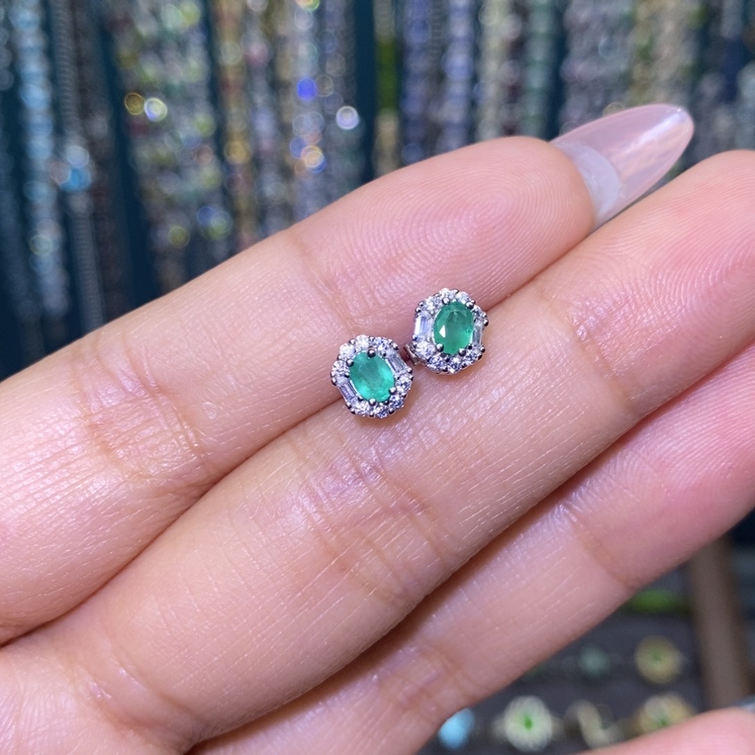 耳饰银S925镶嵌祖母绿