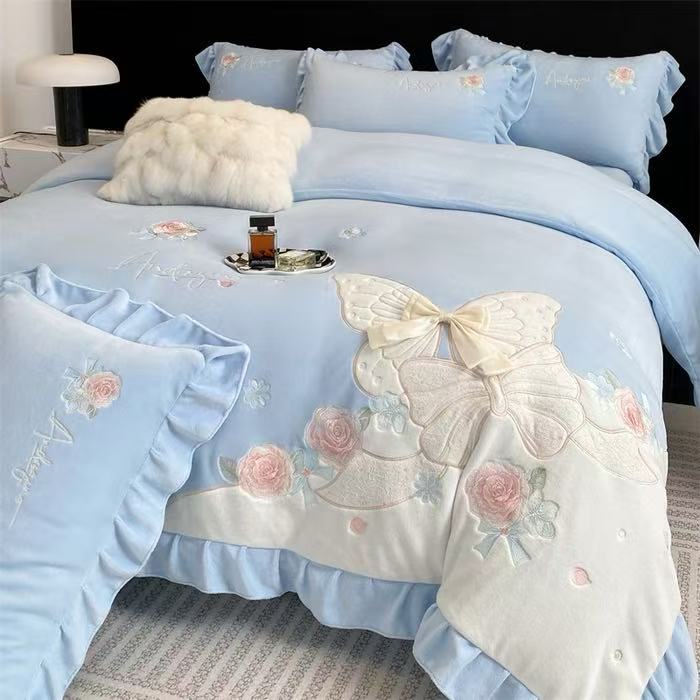 【专卖店系列】加厚牛奶绒四件套浪漫蝴蝶蓝色
