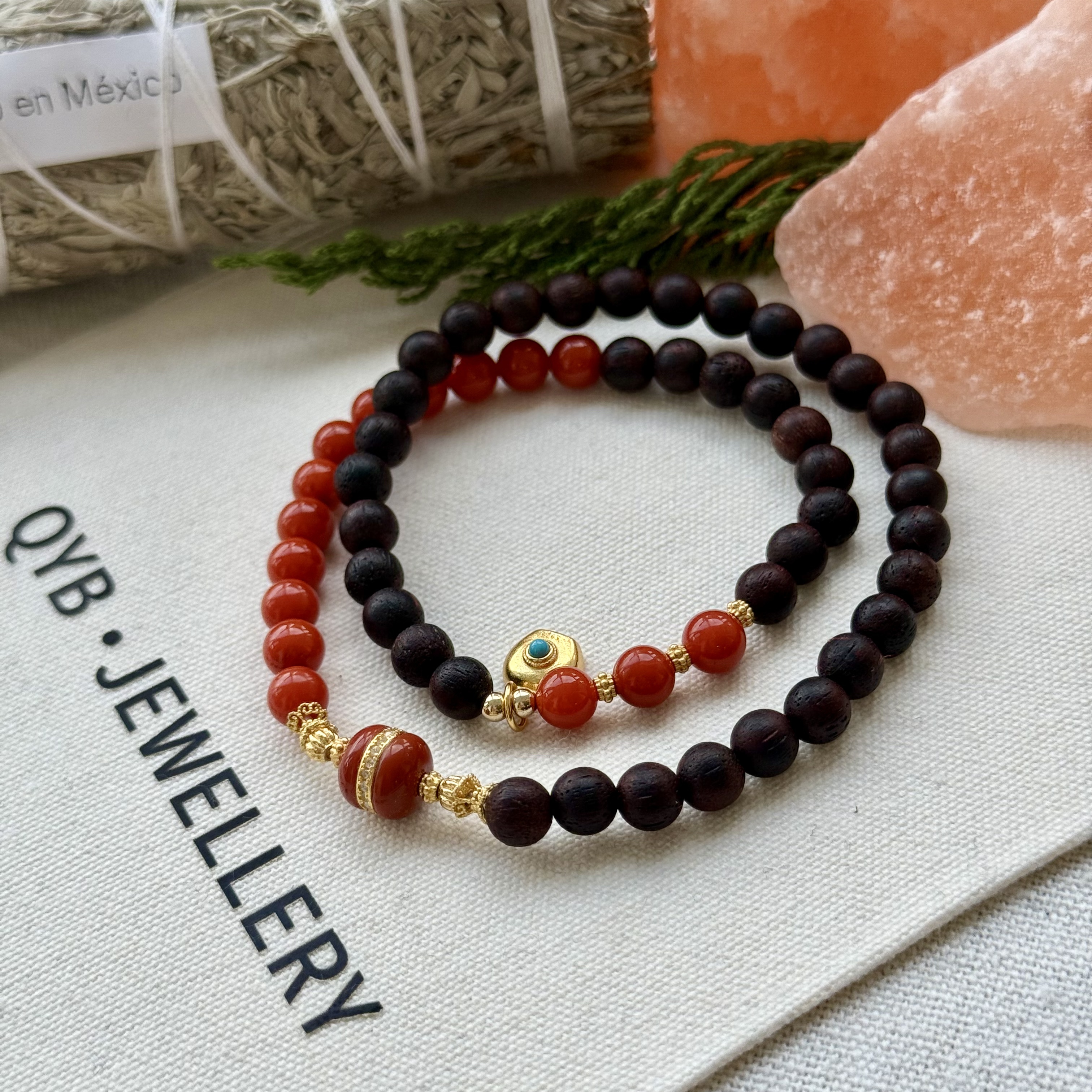 【千钰铂】天然缅甸小叶降真香&南红双圈设计款·盆满钵满K