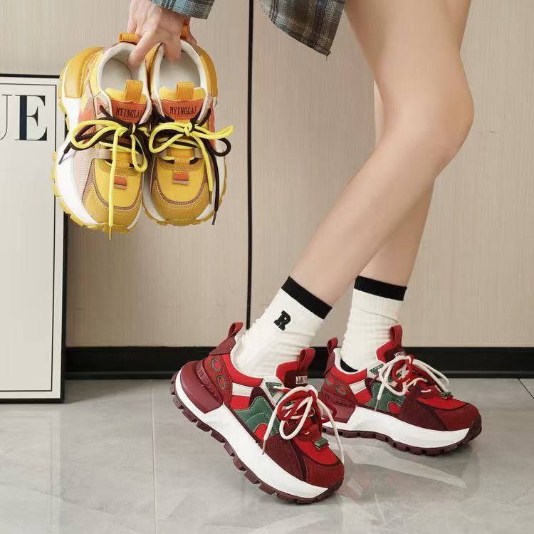 厚底拼色红色爆款老爹鞋女2025春季新款休闲华夫阿甘鞋显瘦运动鞋
