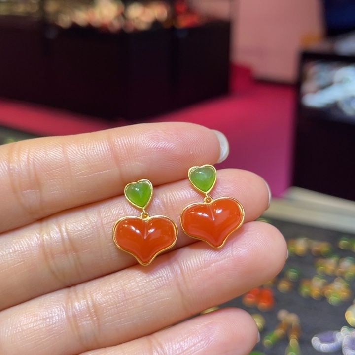 南红玛瑙银S925镶嵌耳饰